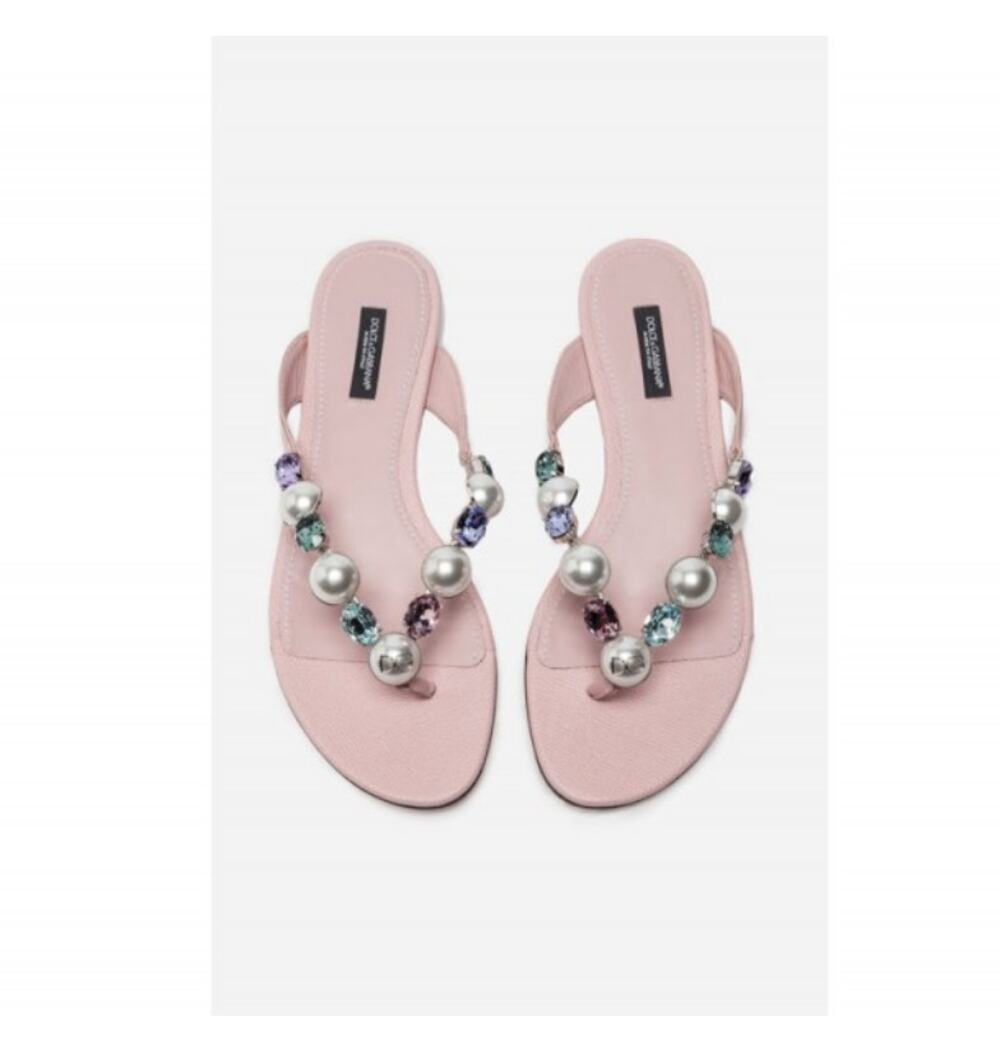 Dolce & Gabbana Embellished Pearl Leather Thong Sandals Pink Size 39
